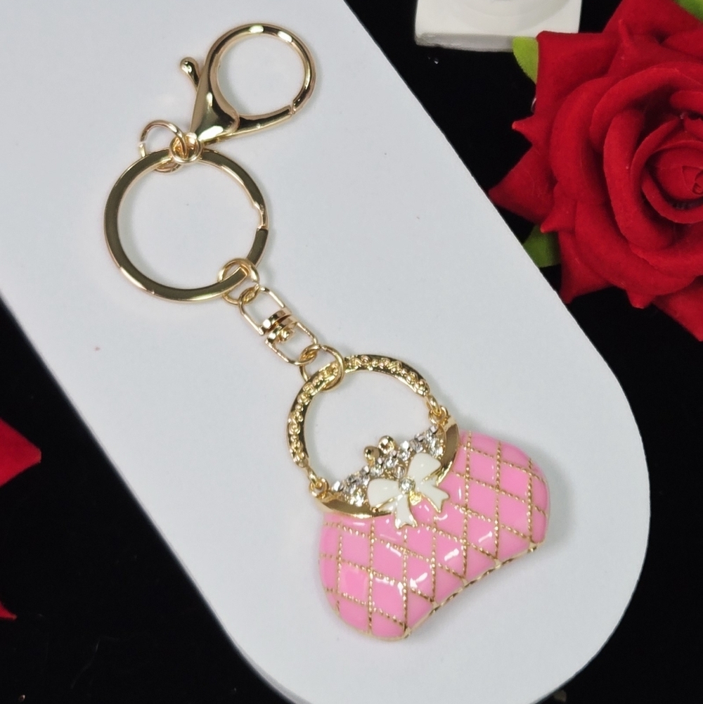 Pink Quilted Purse Rhinestone Keychain Gold Bag Charm w/ Bow Puffy Keyring Clip - Picture 3 of 12